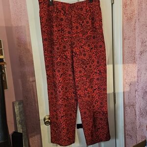 Elegant Red and Black Floral Women's Straight Leg Pants